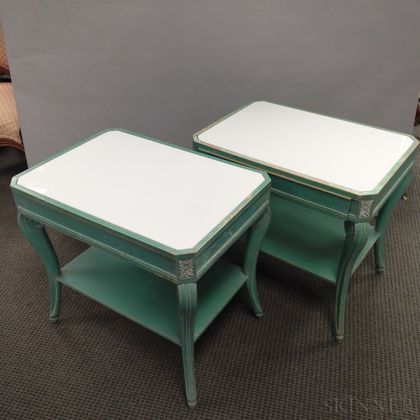 Pair of Louis XVI-style Green/Blue-painted Bedside Tables