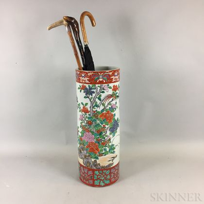 Chinese Export-style Porcelain Umbrella Stand and a Marble Columnar Pedestal