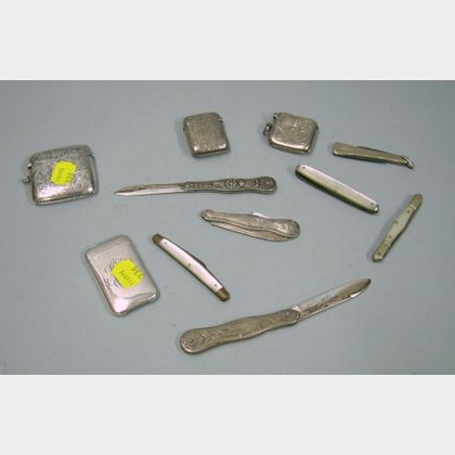 Four Sterling Silver Matchsafes and Seven Pen and Pocket Knives
