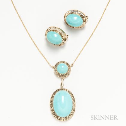 14kt Gold and Treated Turquoise Necklace and Earrings