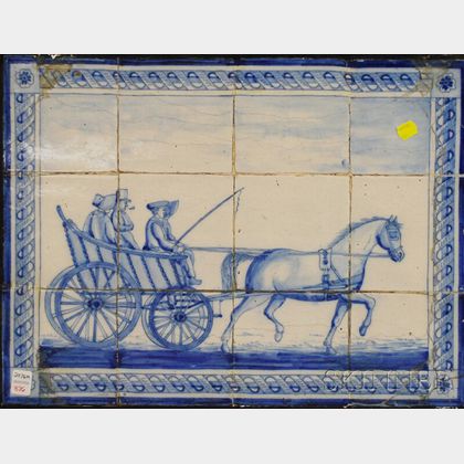 Framed Tin Glazed Blue and White Horse and Carriage Scene Decorated Tile Panel