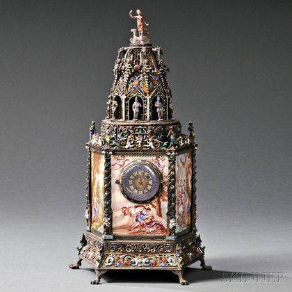 Viennese Silver and Enamel Tower-form Timepiece