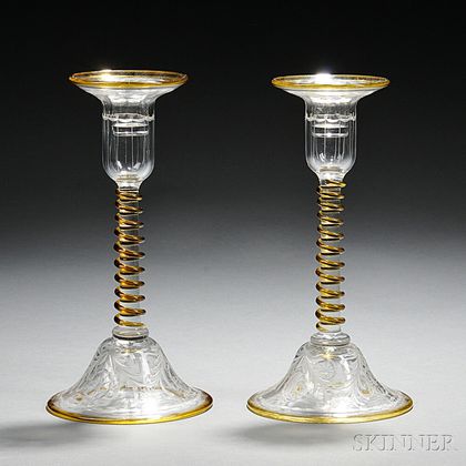 Pair of Pairpoint Glass No. 1624 Candlesticks Engraved in the Waterford