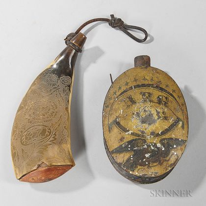 Horn Powder Flask and Painted Tin Flask