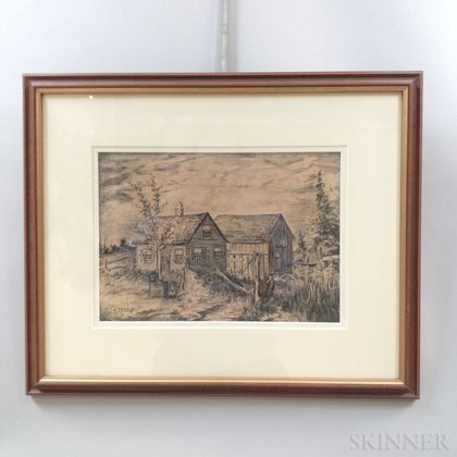 Framed Aldro Hibbard (Massachusetts/Vermont, 1886-1972) Pen and Ink Sketch of a Cabin