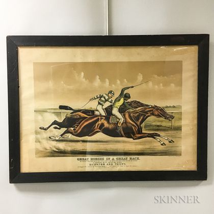 Framed Currier & Ives Great Horses in a Great Race Lithograph