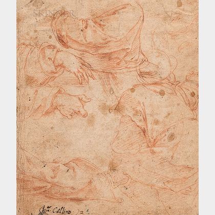 Italian School, 16th Century Two Fragmentary Double-sided Sketches: Study of Hands and Drapery (verso sketch of a rinceau an... 