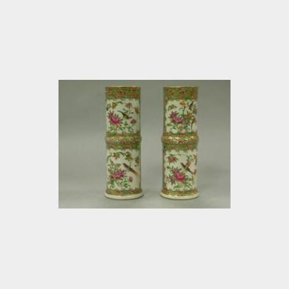 Pair of Chinese Export Porcelain Bamboo-form Famille Rose Vases. 