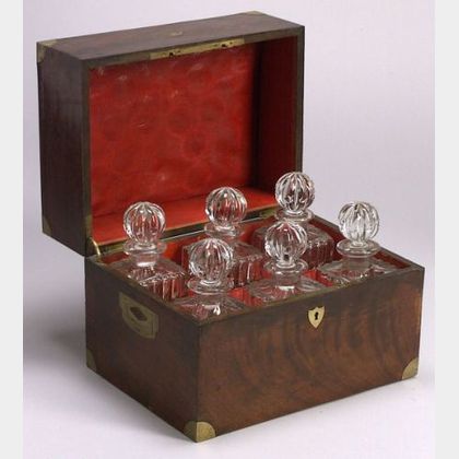 Victorian Brass Bound Mahogany Six Bottle Decanter Set