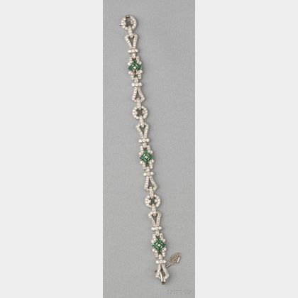 Art Deco Platinum, Carved Emerald, and Diamond Bracelet
