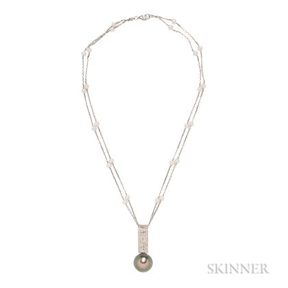 14kt White Gold, Tahitian Pearl, and Diamond Pendant
