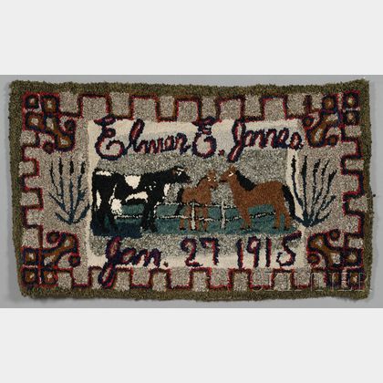 Hooked Wool and Cotton Rug with Cows and Horses