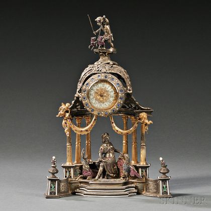 Viennese Silver, Gilt-metal, Enameled, and Jeweled Architectural Clock