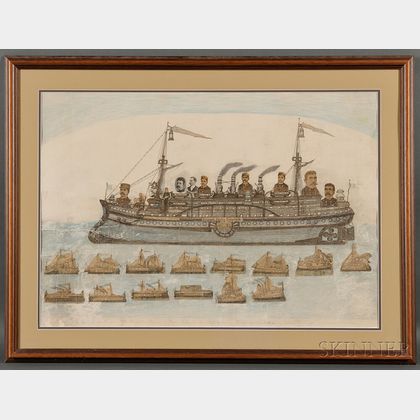 Framed Wax Crayon, Pencil, and Decoupage on Paper View of a Steamship