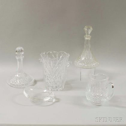 Steuben Colorless Glass Dish, Waterford Decanter and Pitcher, and Two Other Colorless Glass Vessels. Estimate $200-250