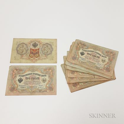 Twenty-eight 1905 Russian 3 Rouble Notes. Estimate $200-300
