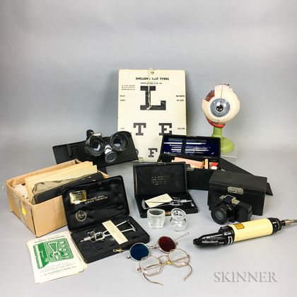 Collection of Ophthalmologist Instruments, Spectacles, and Stereoscopic Charts