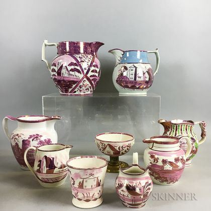 Nine Architectural-decorated Pink Lustre Vessels