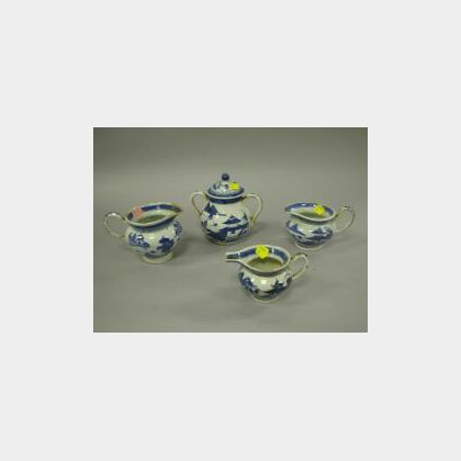 Three Canton Blue and White Porcelain Creamers and a Lidded Pot. 