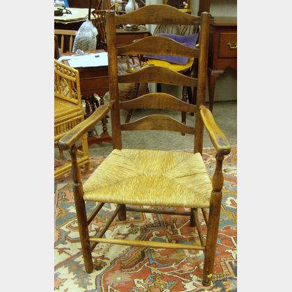 English Elmwood Ladder-back Armchair with Woven Rush Seat. 