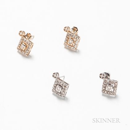 Two Similar Pairs of 14kt Gold and Diamond Earrings