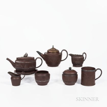 Eight S. Hollins Brown Stoneware Tea Wares