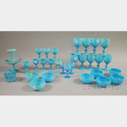 Thirty Pieces of Blue Opaline Glass Tableware