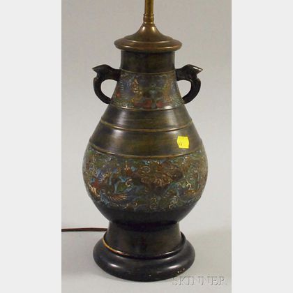 Chinese Bronze and Champleve Vase/Table Lamp. 