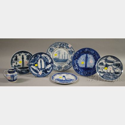 Seven Blue and White Transfer-decorated Pottery Cape Cod Souvenir Items
