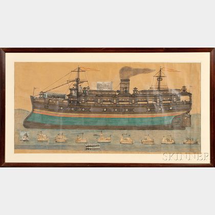 Large Framed Wax Crayon, Pencil, and Decoupage on Paper View of a Steamship