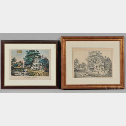 Currier & Ives, Publishers (American, 1857-1907) Lithograph The Village Street , and a Pencil Sketch of the Same Scene