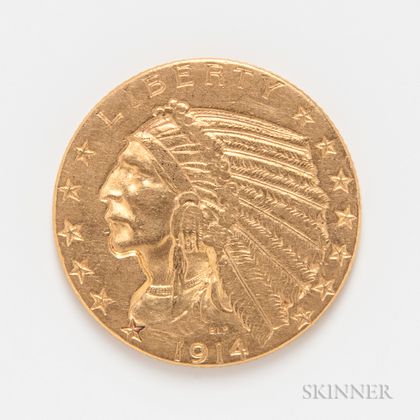 1914 $5 Indian Head Gold Coin. Estimate $300-500