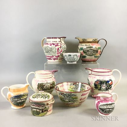 Nine Sunderland Pink Lustre Transfer-decorated Ceramic Items