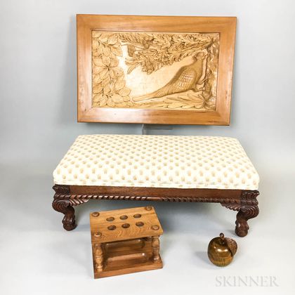 Ron Wilkinson (British, Late 20th Century) Carved Footstool, Wall Plaque, Pipe Holder, and Box