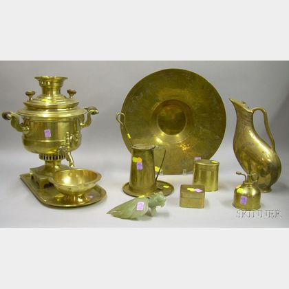Eight Assorted Brass Articles and a Chinese Carved Jade Fish Figure