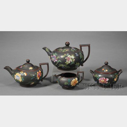 Four Wedgwood Enameled Black Basalt Tea Wares