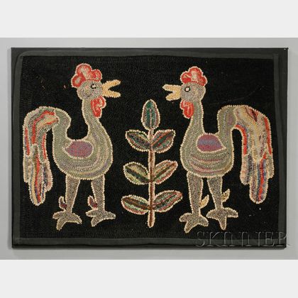 Figural Hooked Wool Rug with Two Roosters