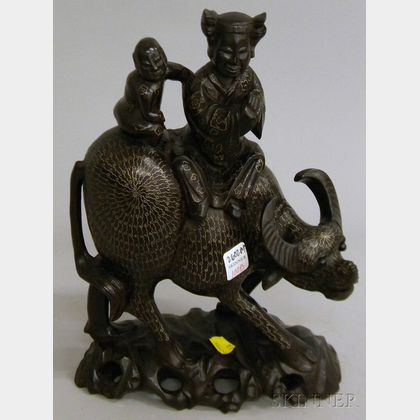 Asian Inlaid Carved Wood Figural Group Depicting Figures atop an Ox
