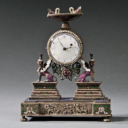 Viennese Silver, Enamel, Jeweled, and Lapis Lazuli Clock