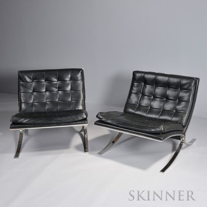 Pair of Modern Lounge Chairs chromed steel, simulated leather, 20th century, cushions with sewn grid pattern on chromed steel frame wi