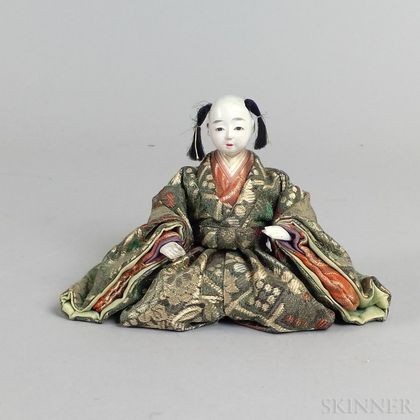 Small Carved and Painted Wood and Fabric Seated Figure