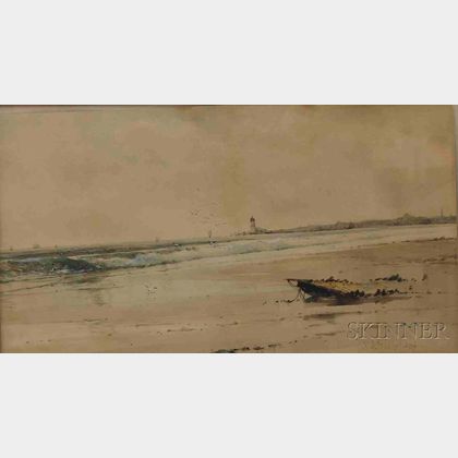 Samuel A. Mulholland (British, 19th/20th Century) Coastal Scene with Distant Lighthouse.
