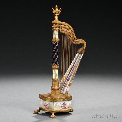 Viennese Gilt-metal and Enamel Harp-form Clock