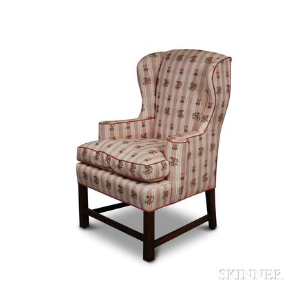 Diminutive Georgian-style Upholstered Mahogany Wing Chair