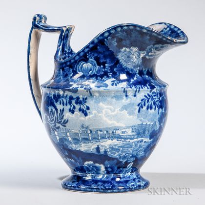 Staffordshire Historical Blue Transfer-decorated "Views of the Erie Canal" Pitcher