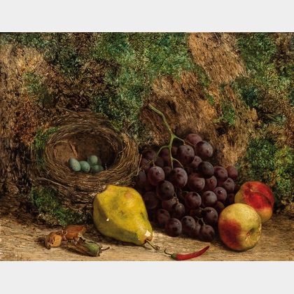 William Hughes (British, 1842-1901) Still Life with Fruit and Bird's Nest