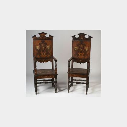 Pair of Northern Italian Ivory Inlaid Walnut and Fruitwood Hall Armchairs