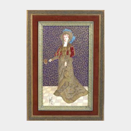 French Aesthetic Movement Coralene Porcelain Wall Plaque of a Fashionable Lady