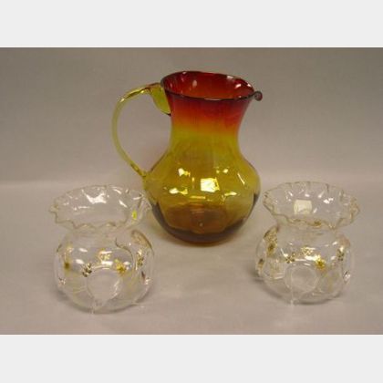 Amberina Glass Pitcher and a Pair of British Gilt Floral Enamel Decorated Vases. 