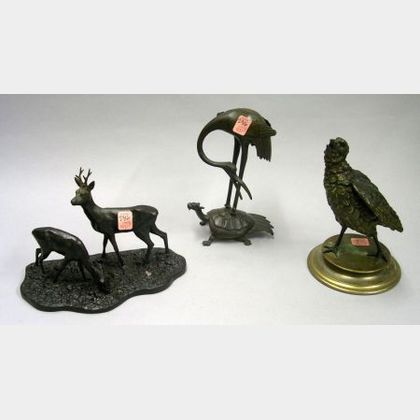 R. Petko Patinated Bronze Deer Figural Group, an Asian Bronze Crane on Mythical Turtle Figural Group, and a Continental Cold Painted Me